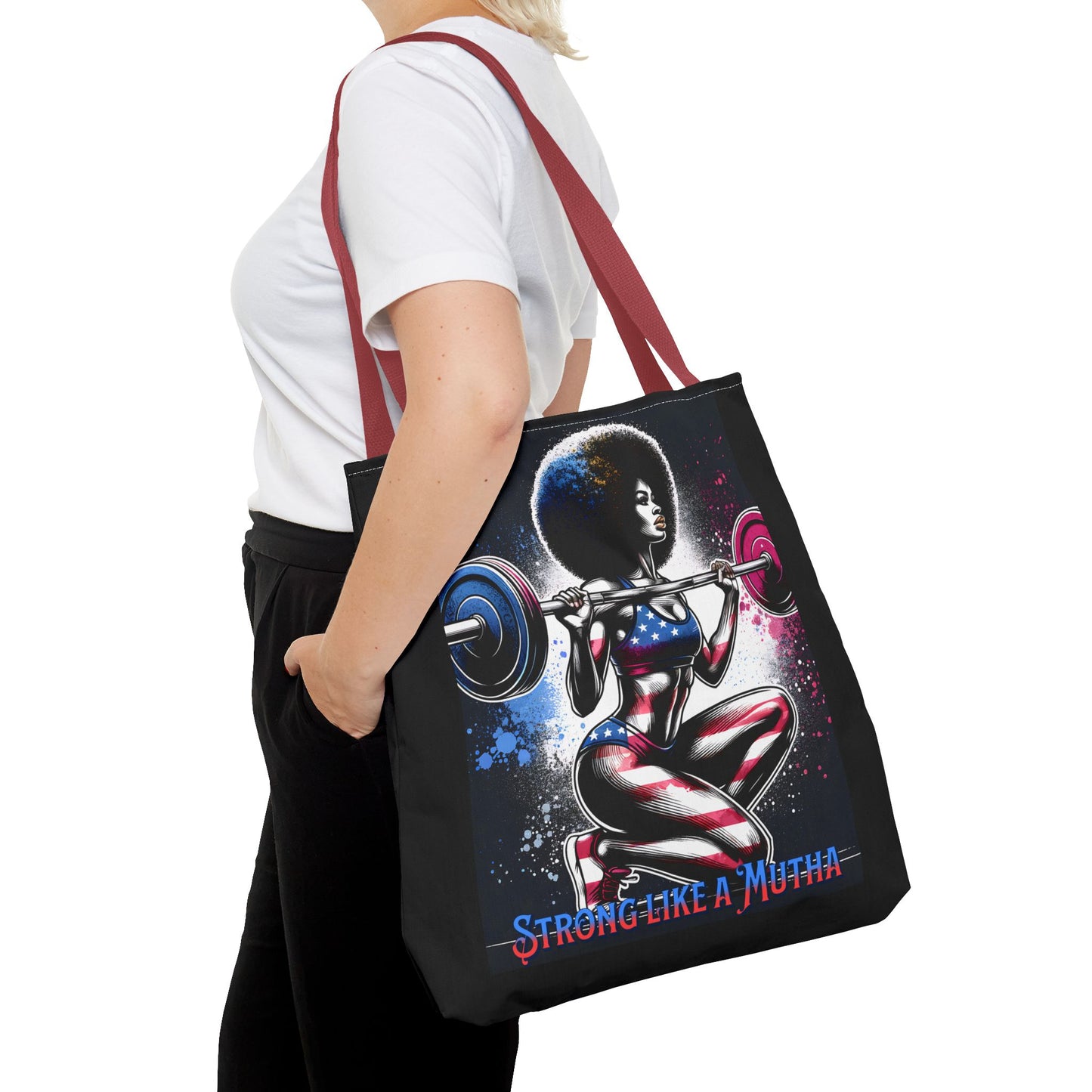Strong Like a Mutha Tote Bag, Patriotic, Fitness, Exercise, Tote Bag, Barbell, Perfect Gift, Gift For Her, Gift for Friends, Holiday Gift