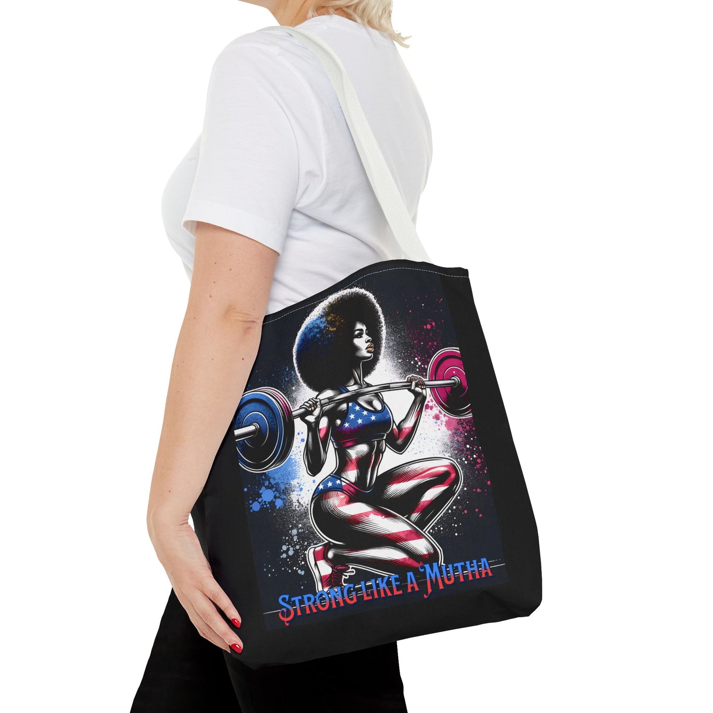 Strong Like a Mutha Tote Bag, Patriotic, Fitness, Exercise, Tote Bag, Barbell, Perfect Gift, Gift For Her, Gift for Friends, Holiday Gift
