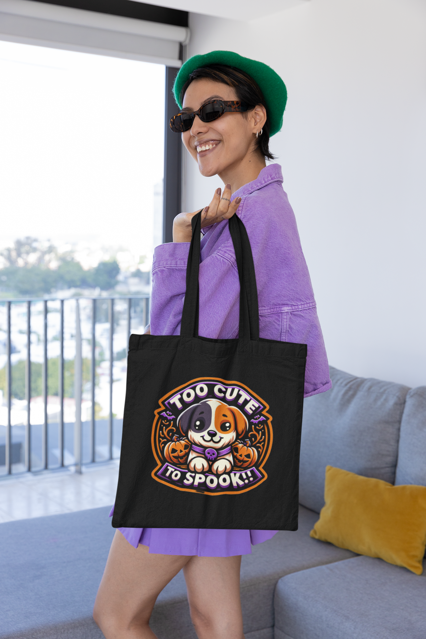 Too Cute to Spook Halloween Tote Bag, Puppy in Pumpkin, Halloween Dog Bag, Cute Halloween Tote, Trick or Treat Bag, Fall Accessories