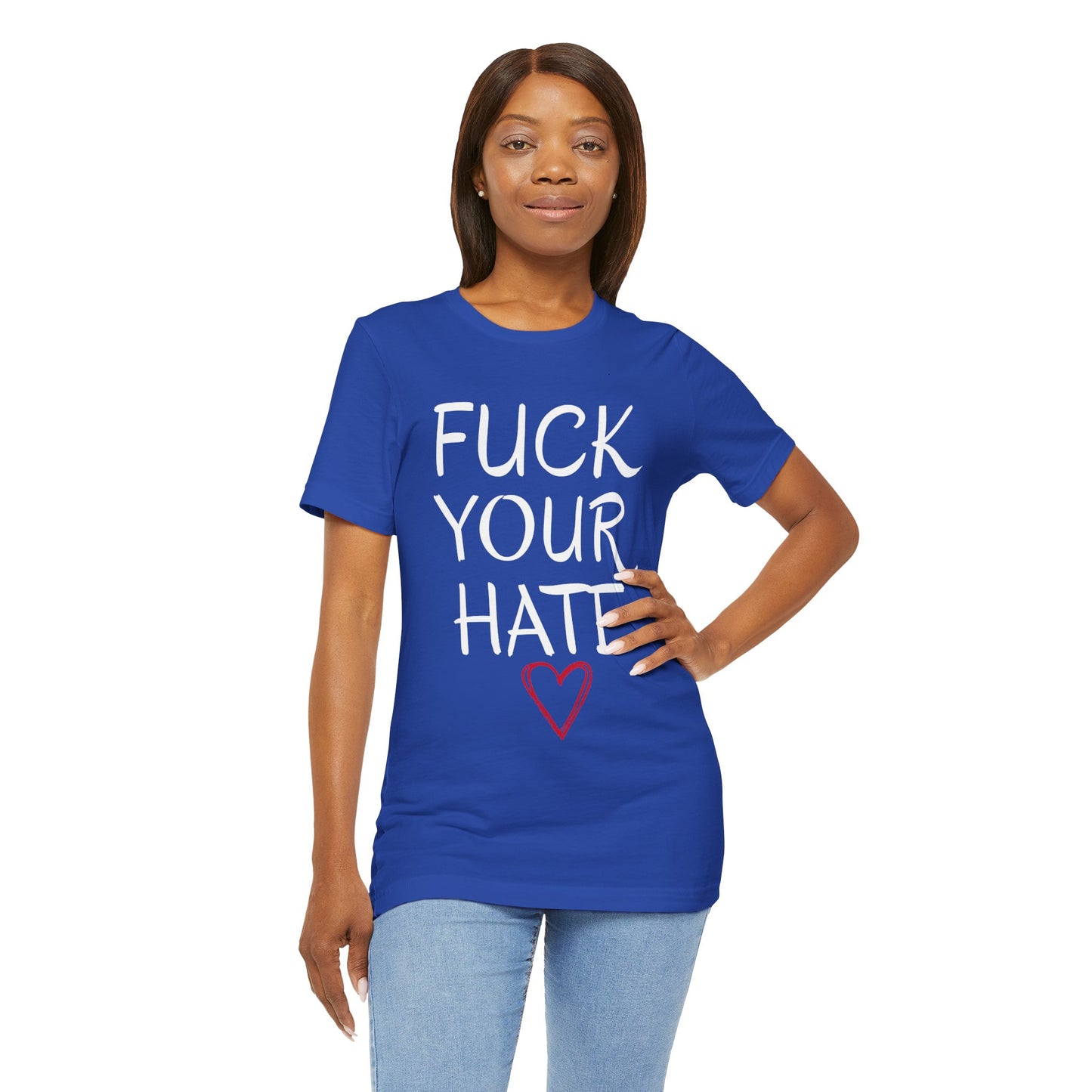 Person wearing a true royal Bella Canvas anti-hate t-shirt  with a heart symbol