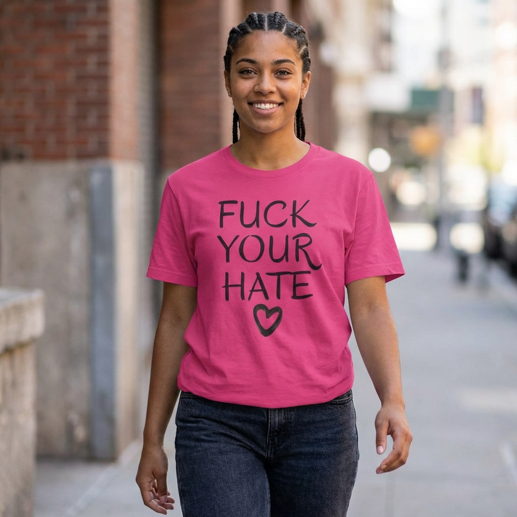 Person wearing Fuck Your Hate anti-hate script heart t-shirt