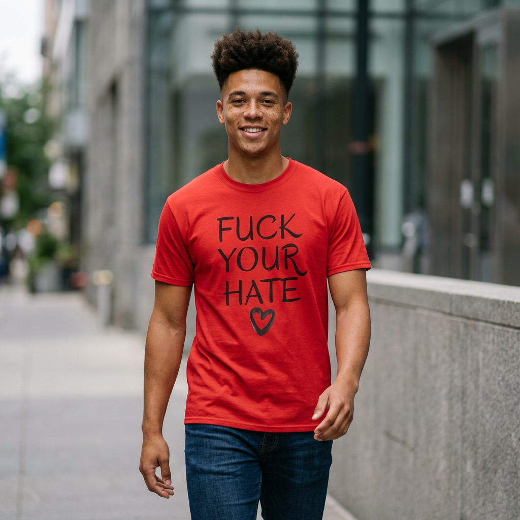 Person wearing Fuck Your Hate anti-hate script heart t-shirt