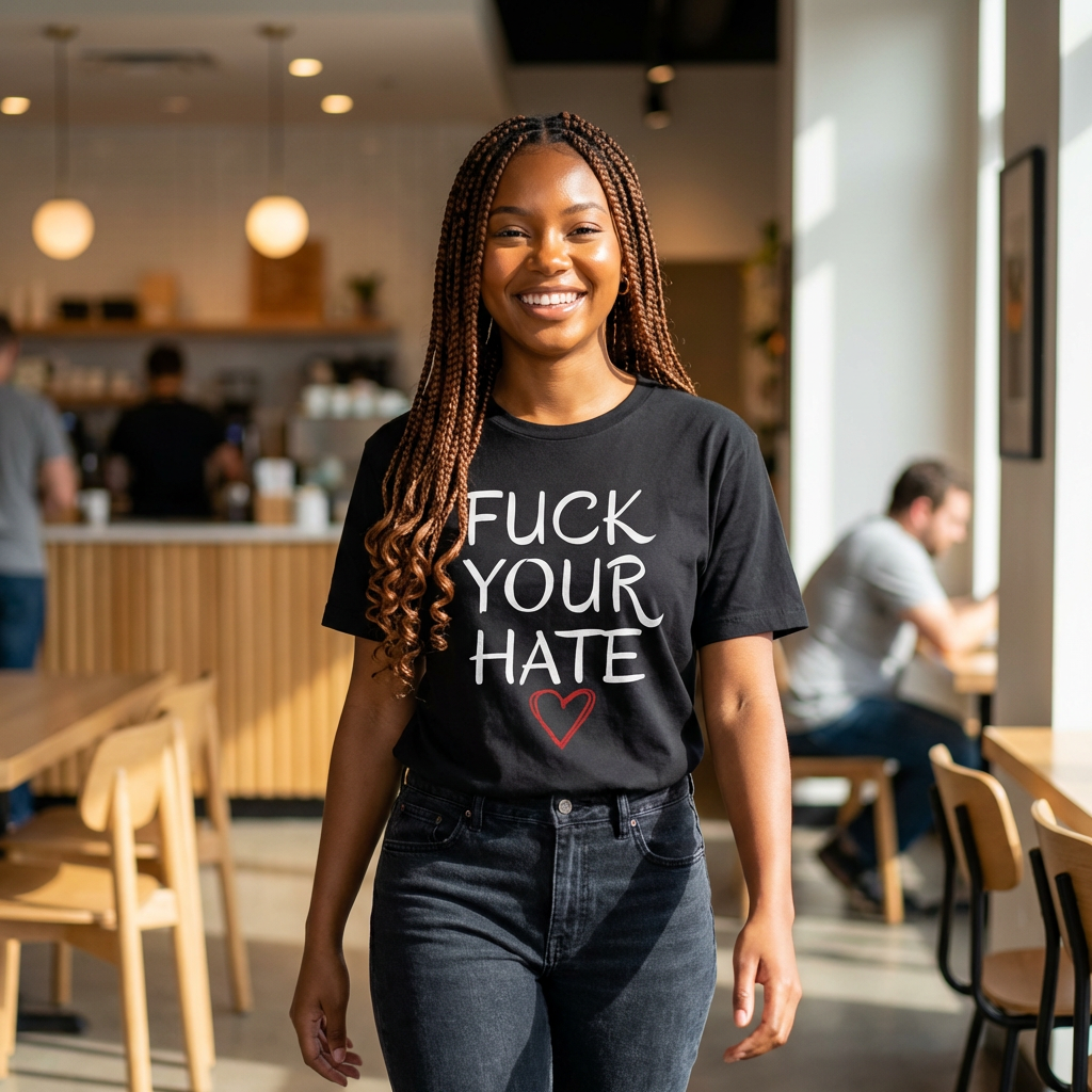 Person wearing Fuck Your Hate anti-hate script heart t-shirt