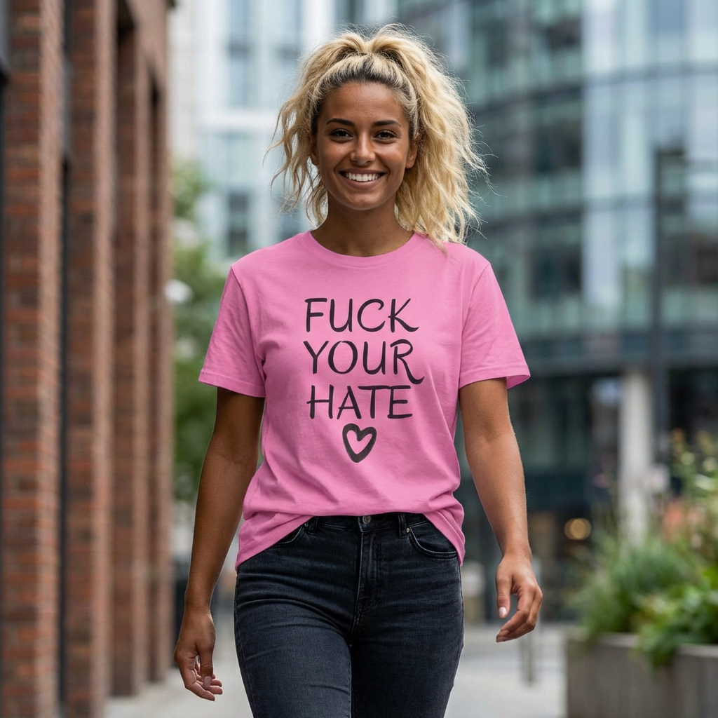 Person wearing Fuck Your Hate anti-hate script heart t-shirt