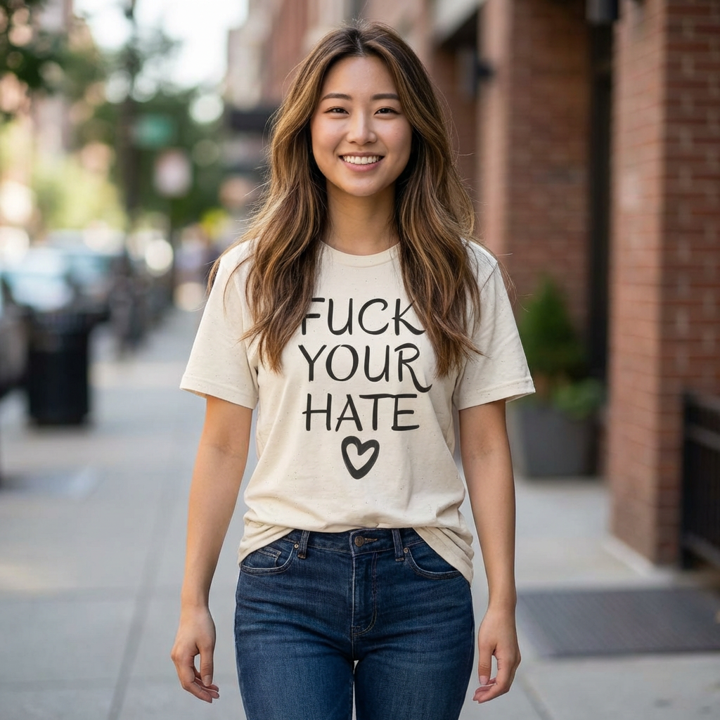 Person wearing Fuck Your Hate anti-hate script heart t-shirt