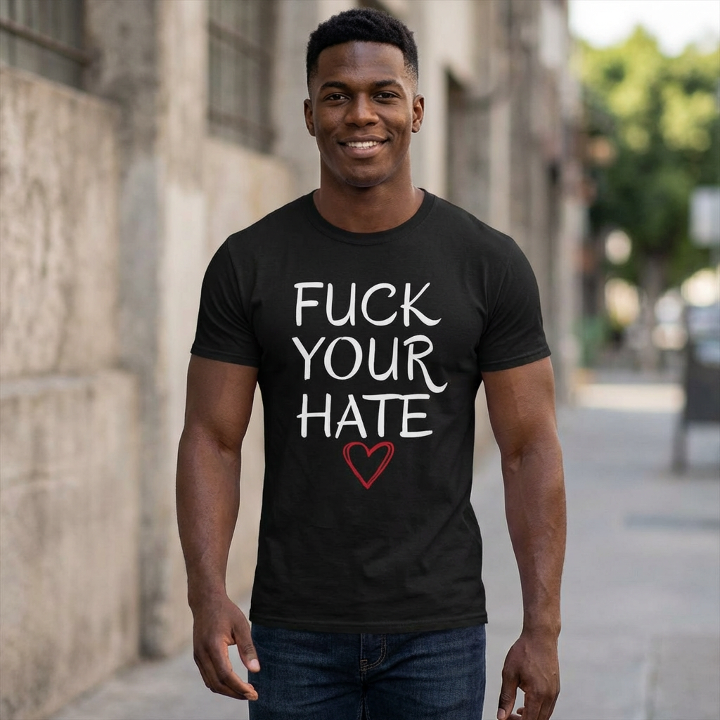 Person wearing Fuck Your Hate anti-hate script heart t-shirt