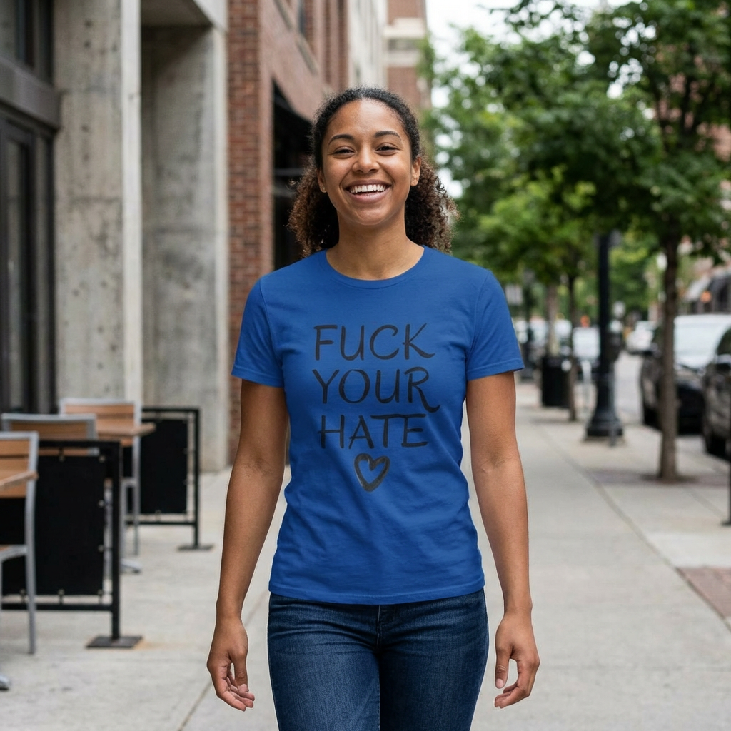 Person wearing Fuck Your Hate anti-hate script heart t-shirt