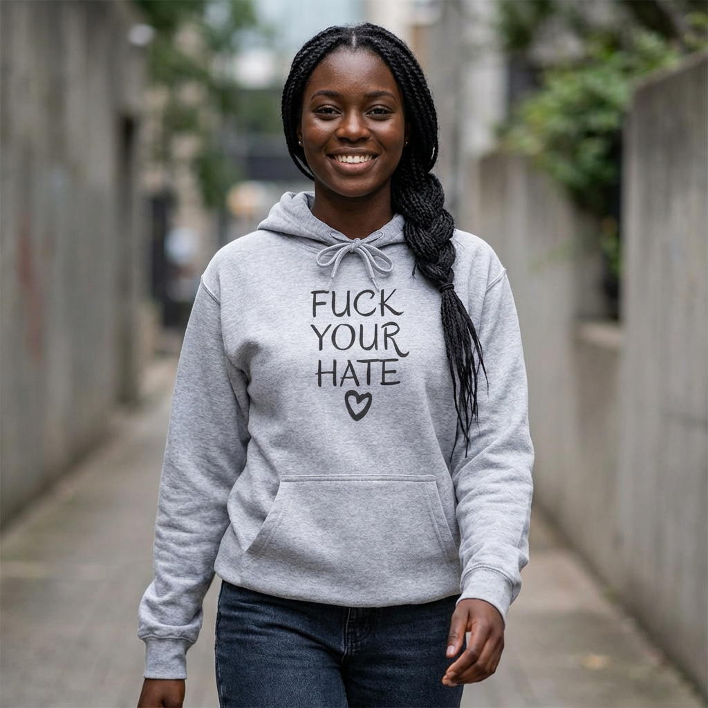 Person wearing Fuck Your Hate anti-hate unisex hoodie street style