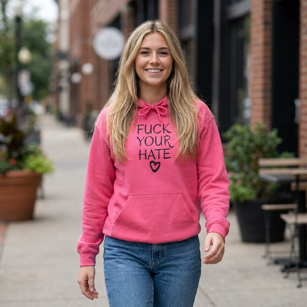 Person wearing Fuck Your Hate anti-hate unisex hoodie street style