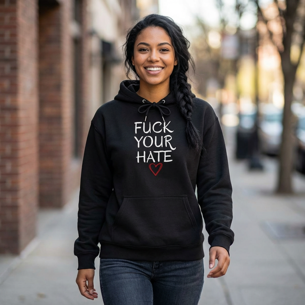Person wearing Fuck Your Hate anti-hate unisex hoodie street style