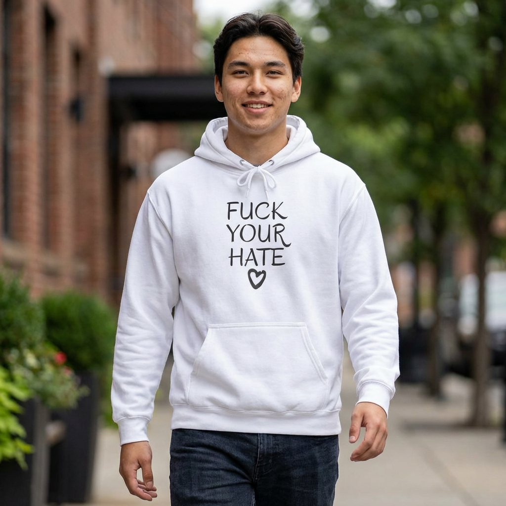 Person wearing Fuck Your Hate anti-hate unisex hoodie street style