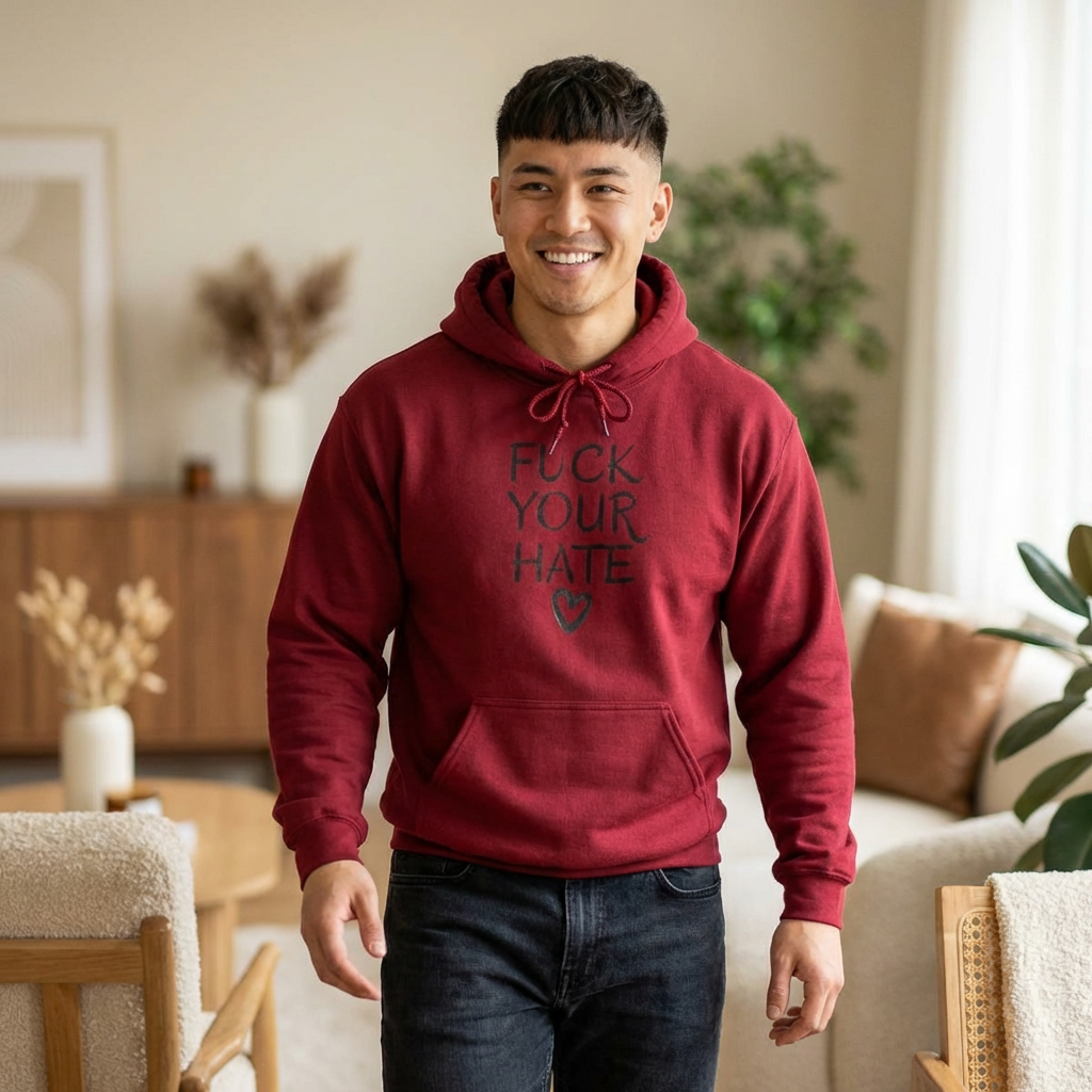 Person wearing Fuck Your Hate anti-hate unisex hoodie street style