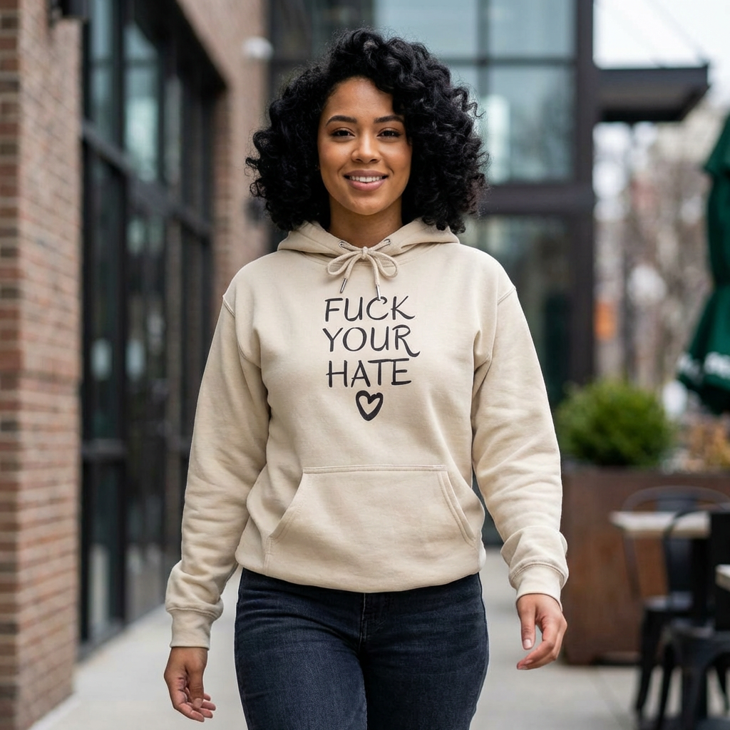 Person wearing Fuck Your Hate anti-hate unisex hoodie street style