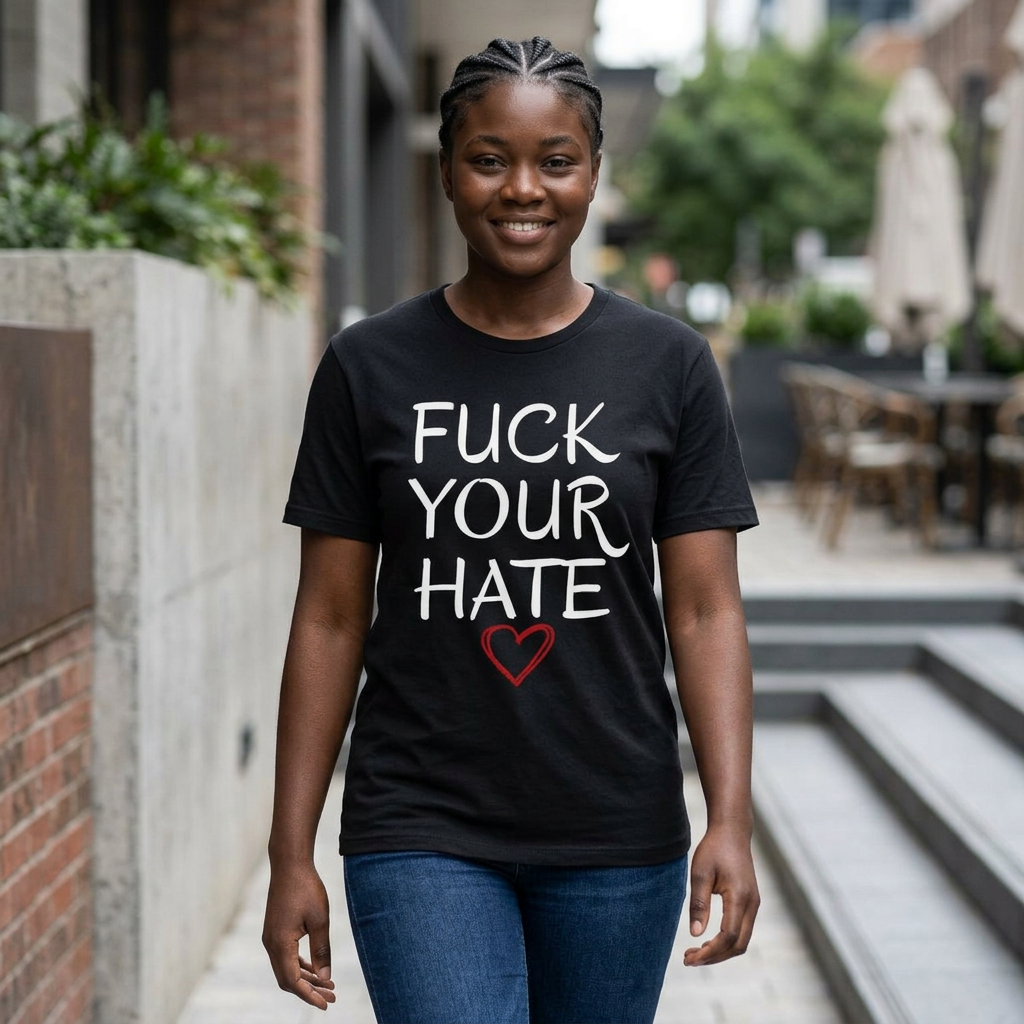 Person wearing a black tbella-canvas premium -shirt with 'FUCK YOUR HATE' text and a red heart, standing outdoors.
