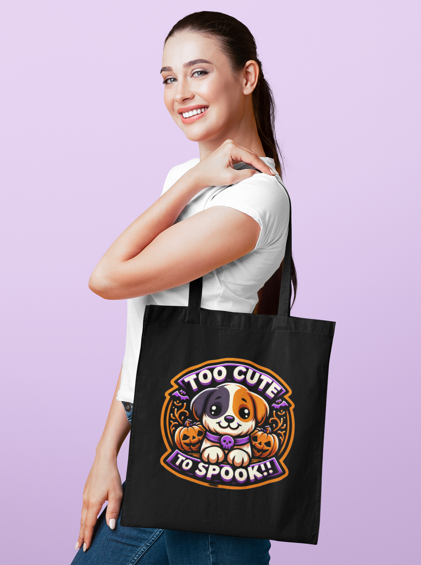 Too Cute to Spook Halloween Tote Bag, Puppy in Pumpkin, Halloween Dog Bag, Cute Halloween Tote, Trick or Treat Bag, Fall Accessories